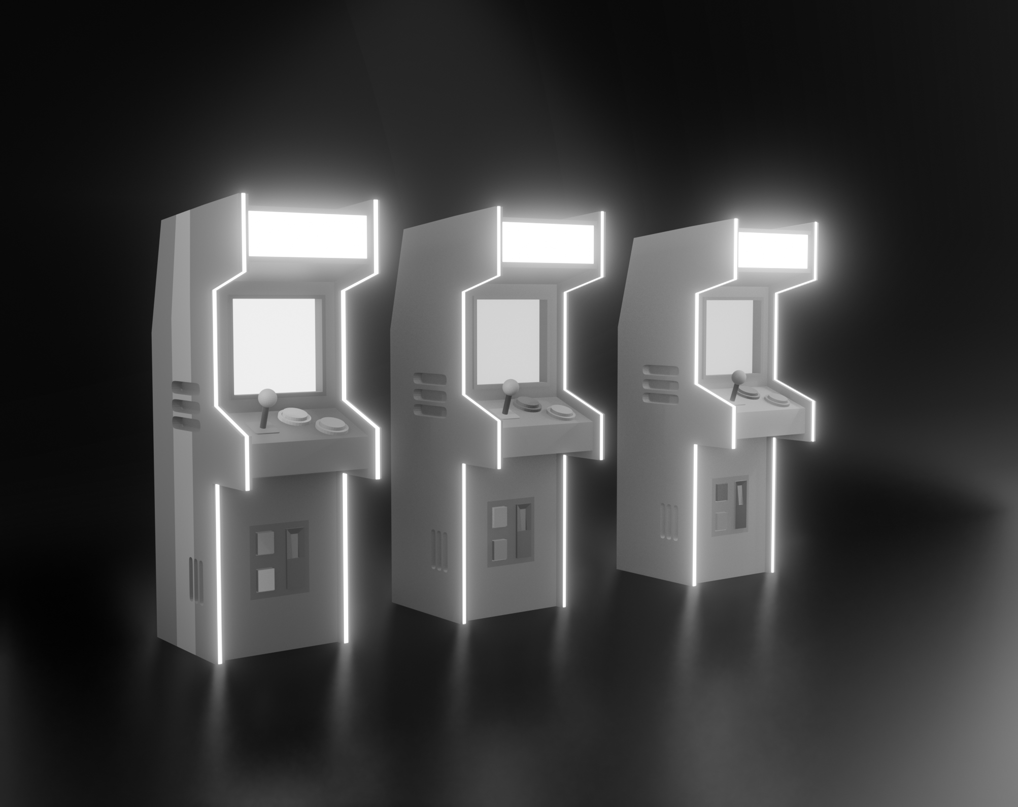 Arcade machines clay render emphasizing model volumes before texturing