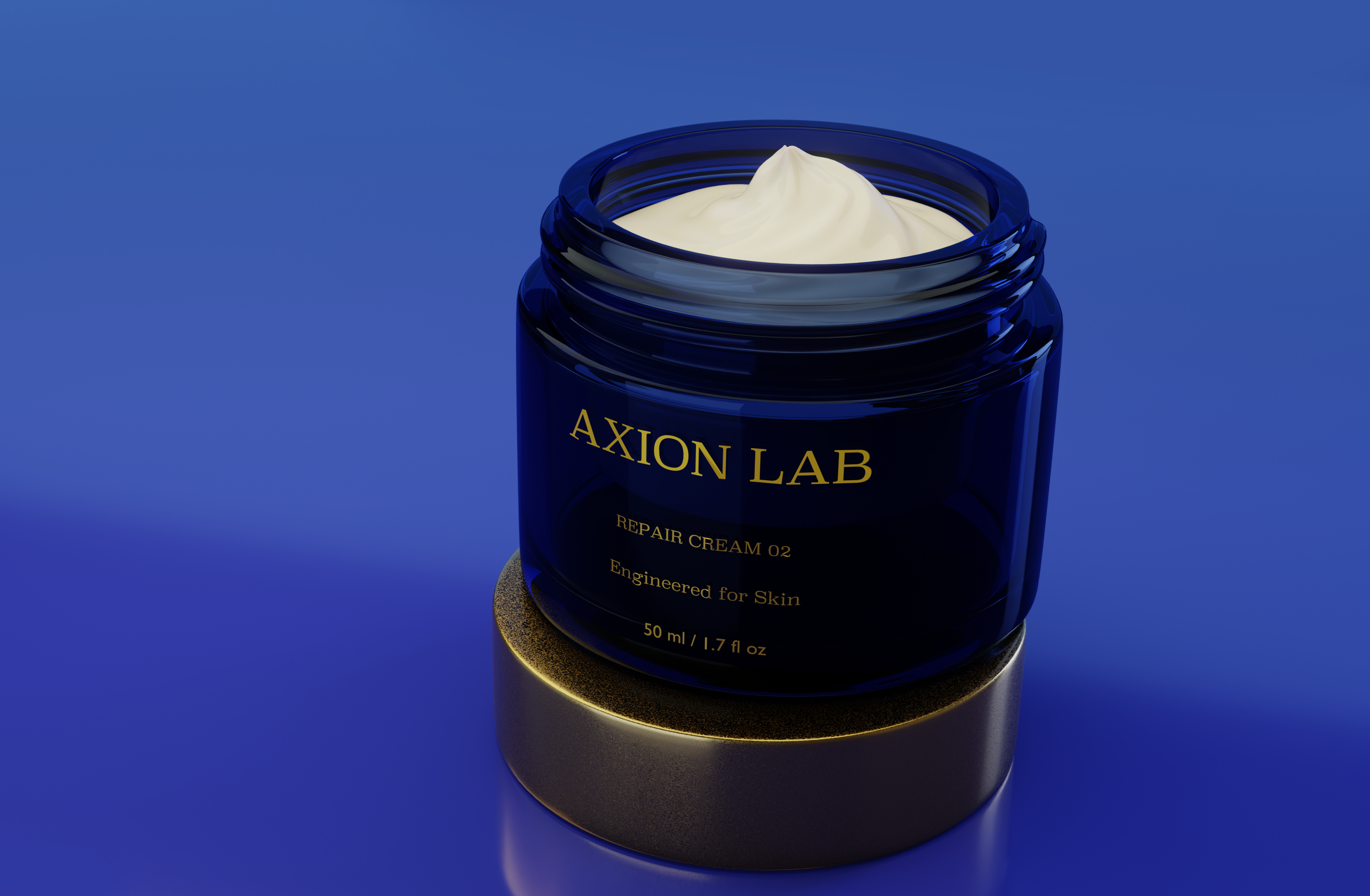 Beauty shot of an Axion Lab cosmetic cream jar highlighting luxury skincare packaging and reflective product materials