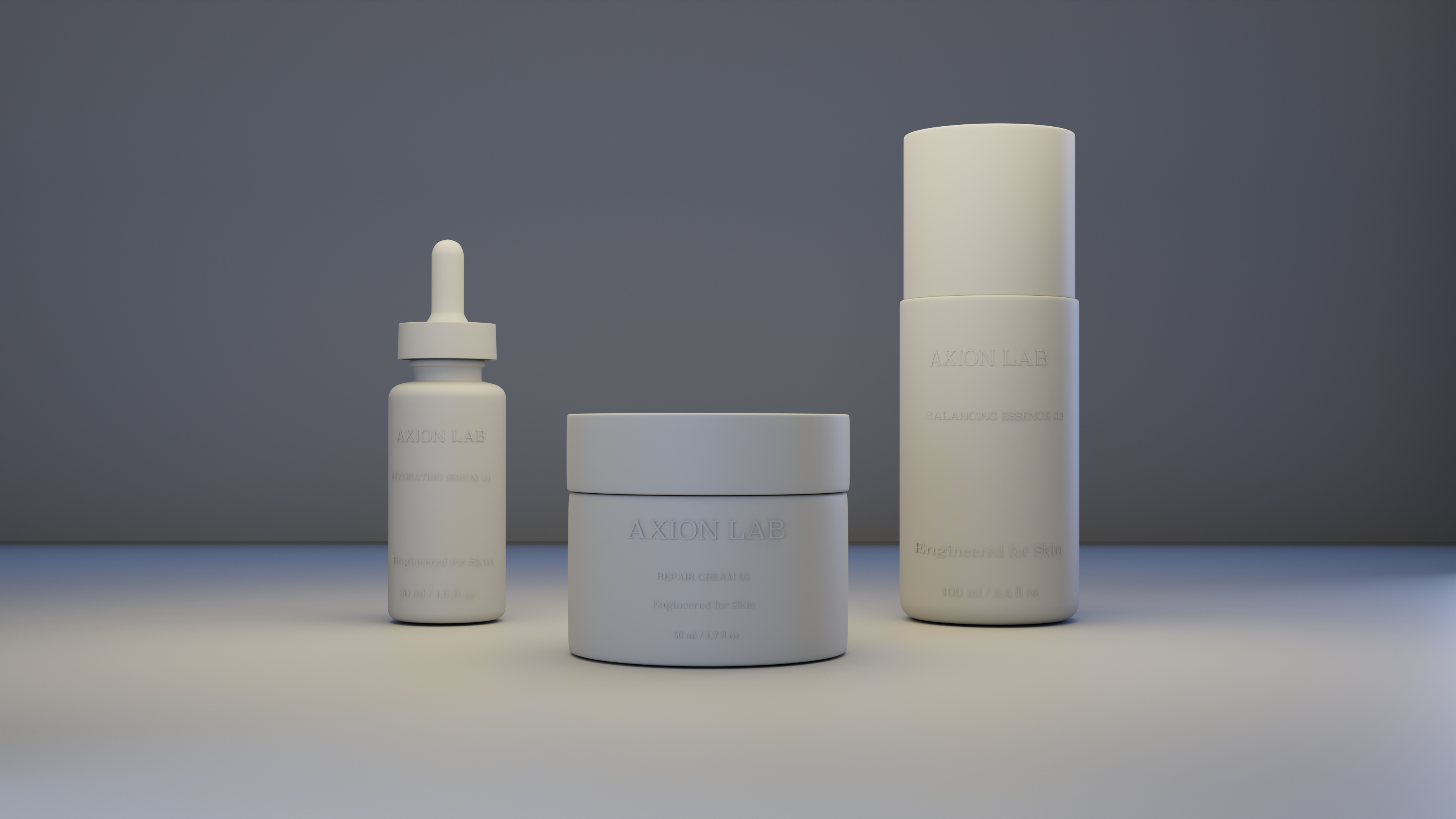 Clay render of Axion Lab skincare packaging and cosmetic containers showing modeled forms before final materials