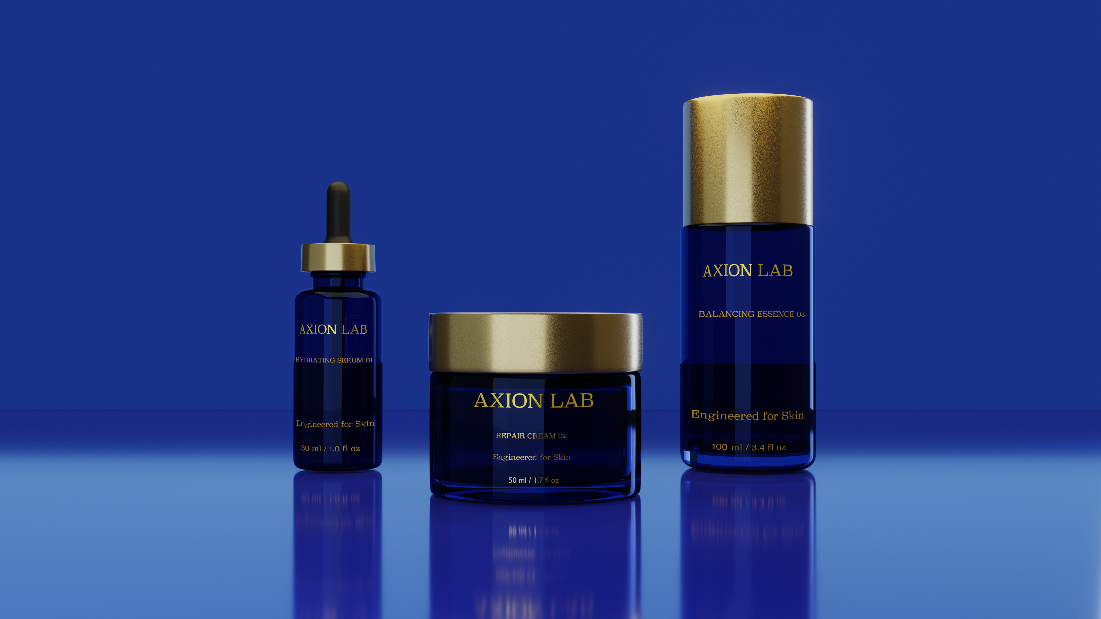 Axion Lab skincare packaging product render with glass cosmetic containers and metallic gold finishes