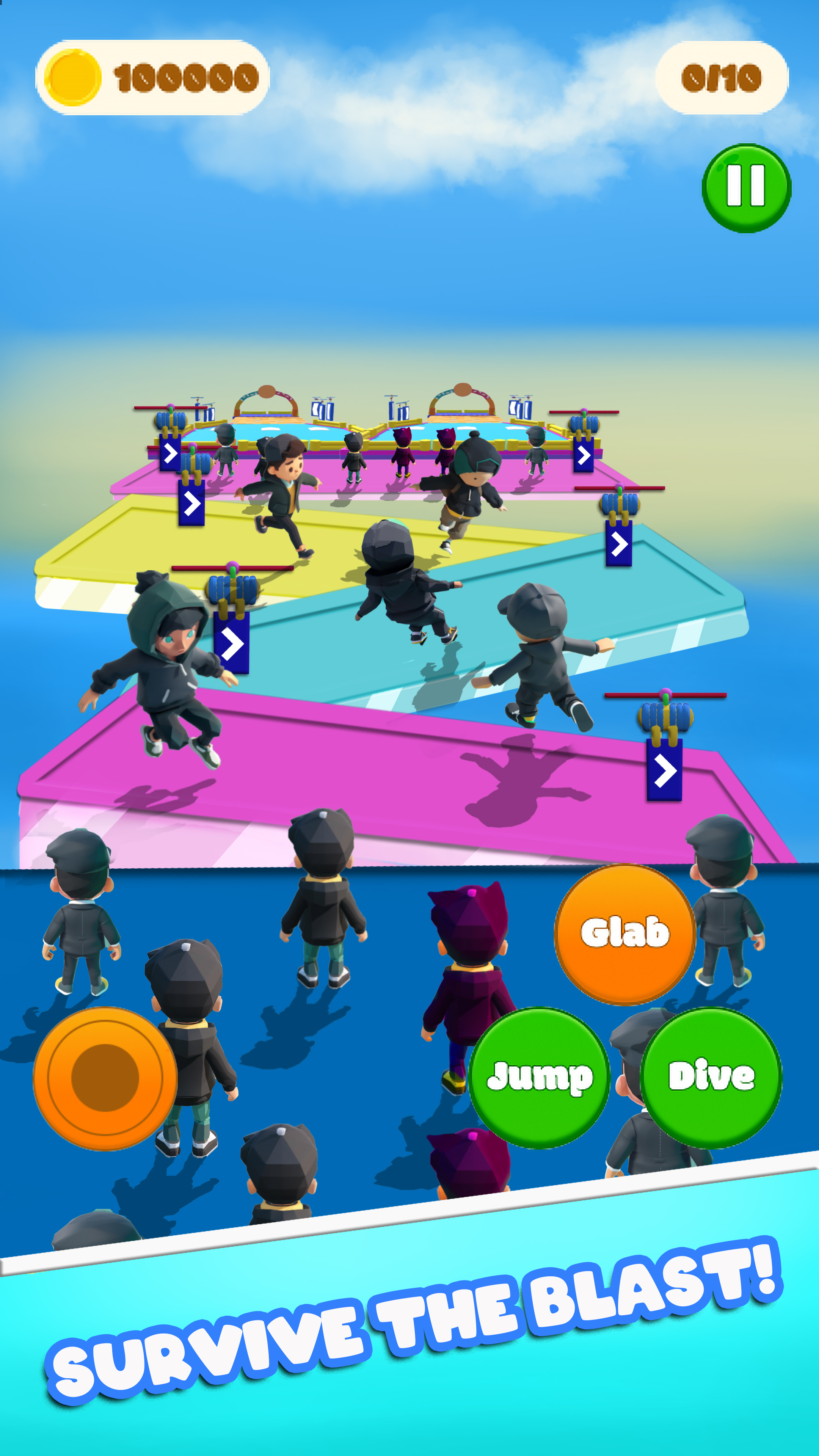 Gameplay mockup showing obstacle-course level composition and HUD interface