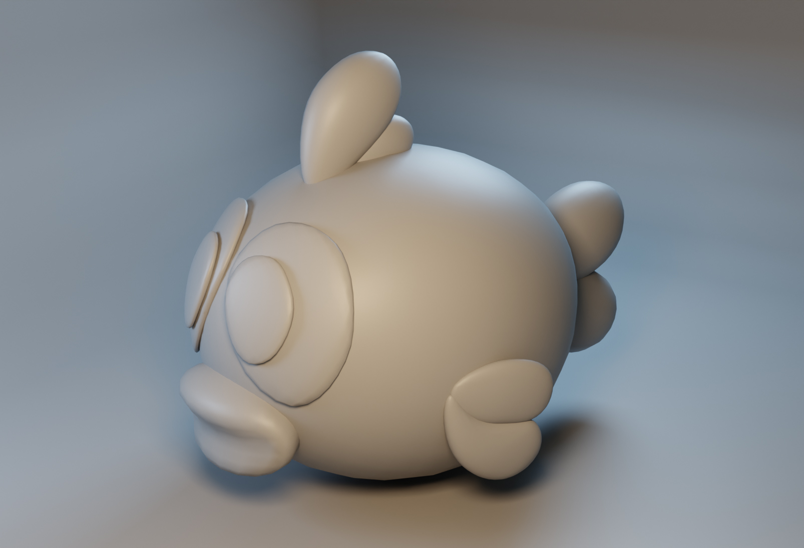 Stylized fish character clay render emphasizing forms before texture pass