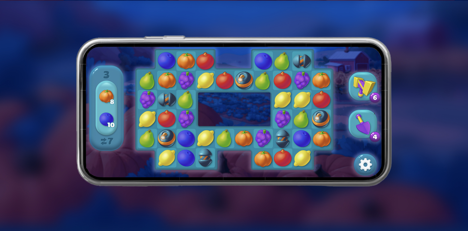 Midnight Orchard gameplay screen with match-3 board, HUD, and score interface