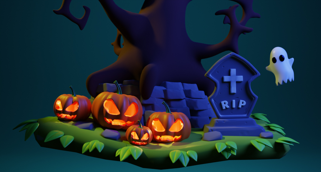 Halloween scene close-up render focusing on prop detail and mood