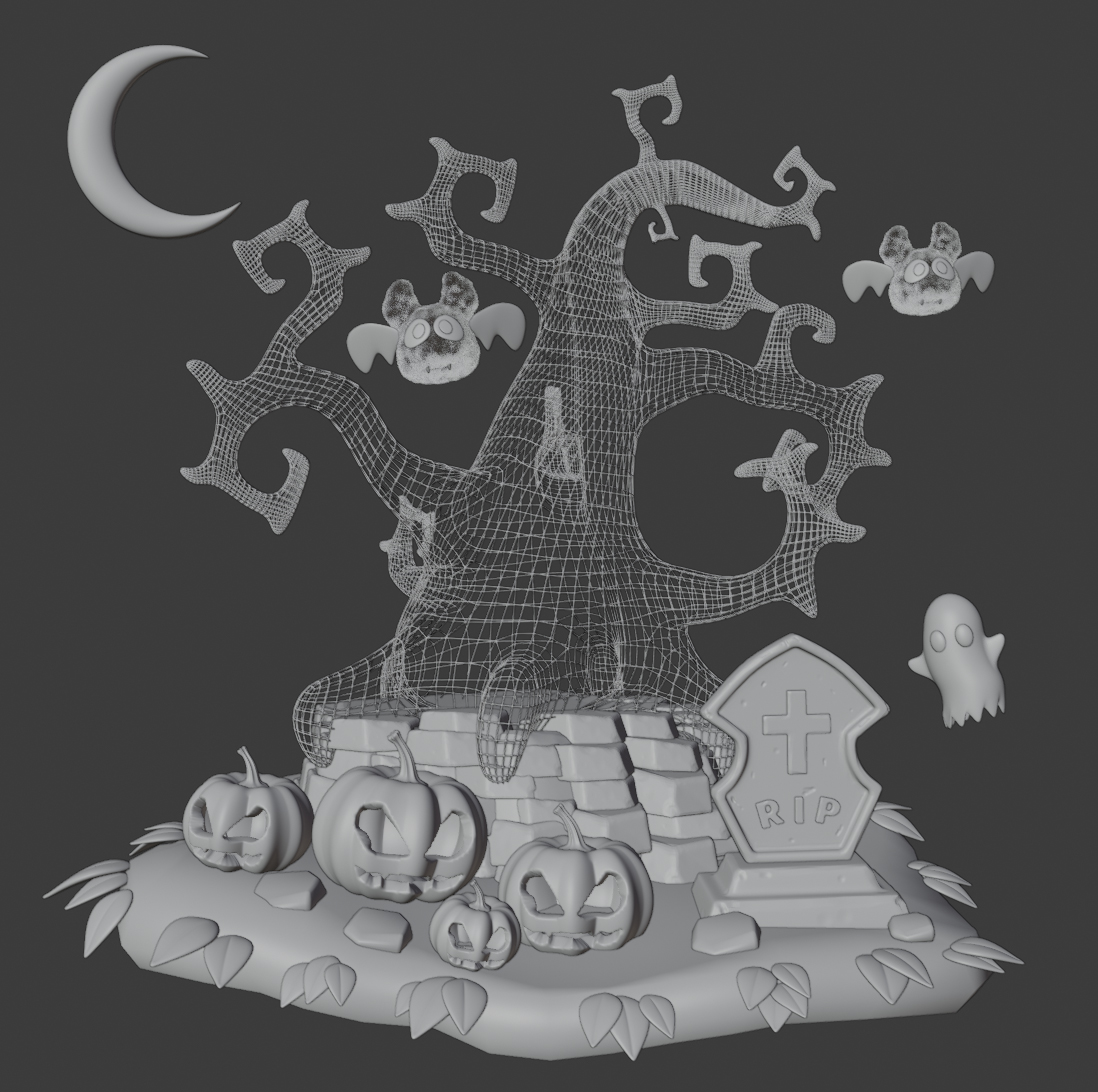 Halloween scene wireframe render displaying environment topology and mesh flow