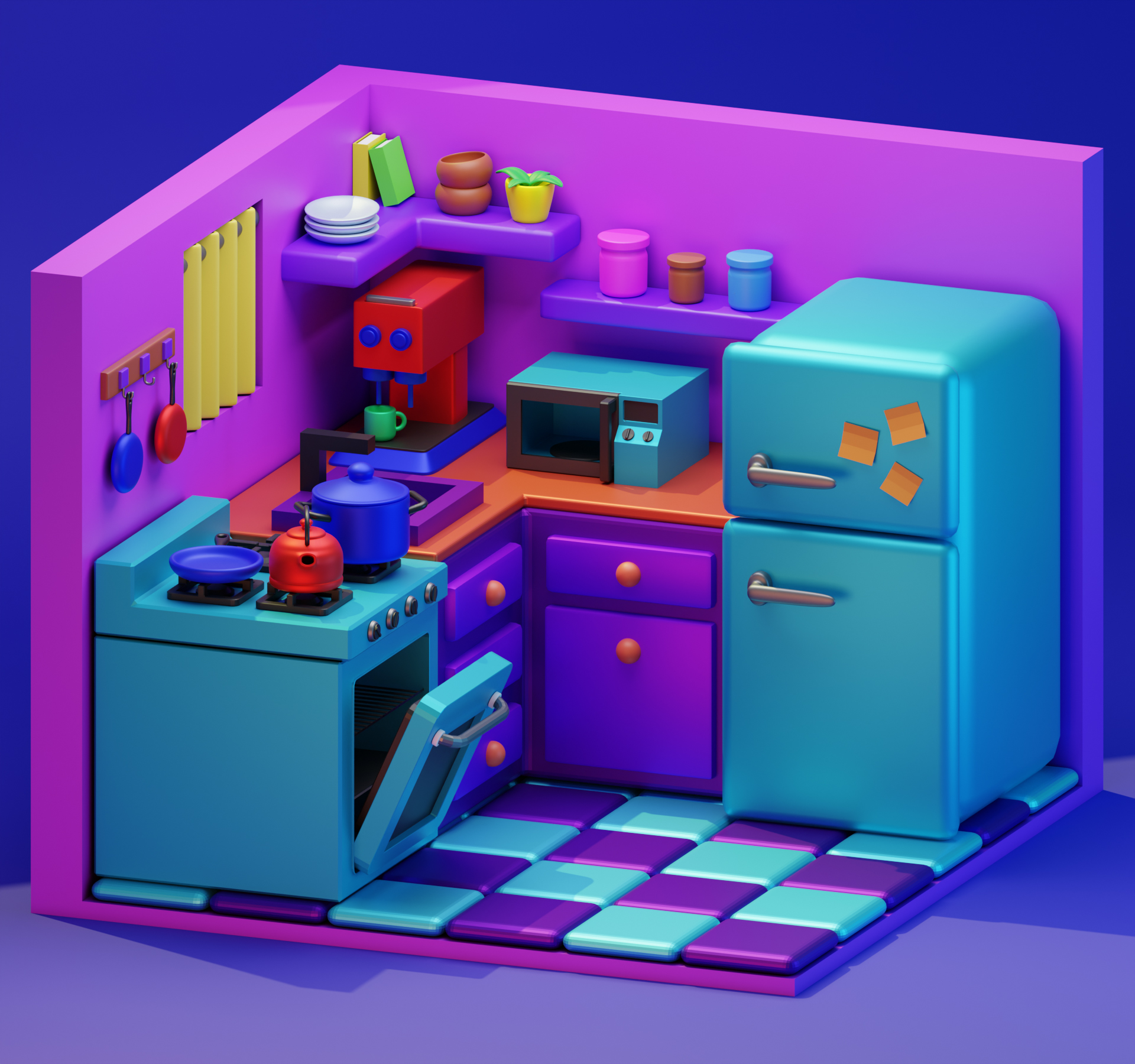 Stylized kitchen render from a second angle showing layout and prop placement