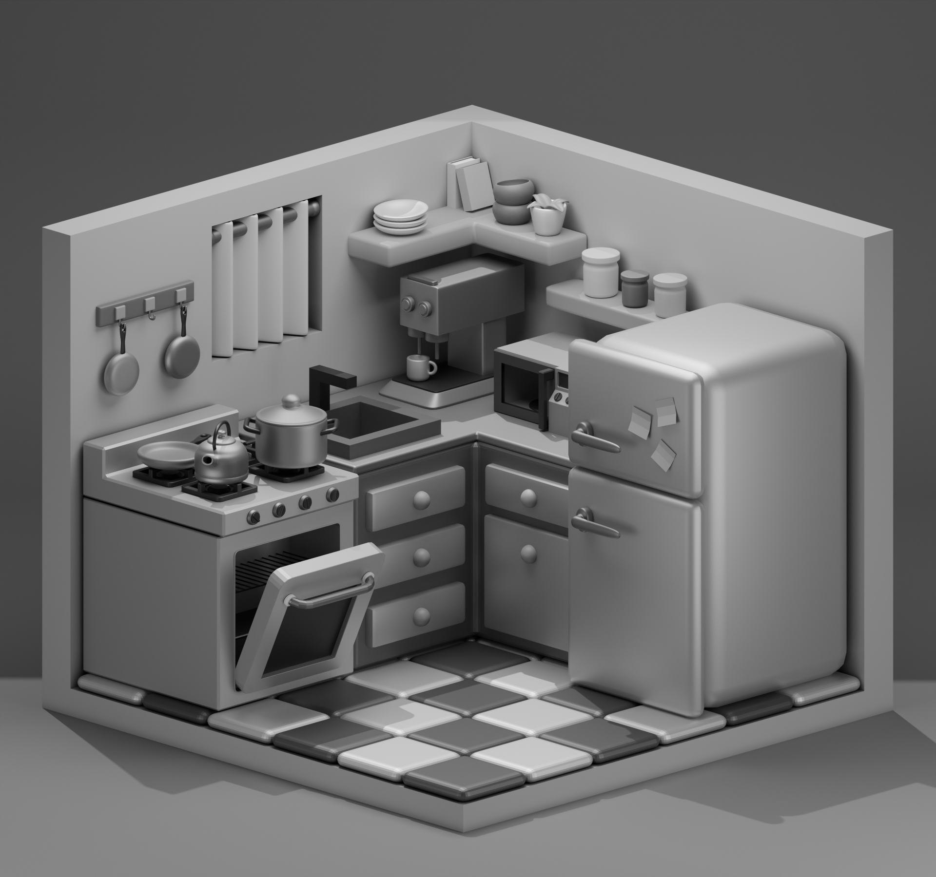 Stylized kitchen clay render highlighting model forms prior to texturing