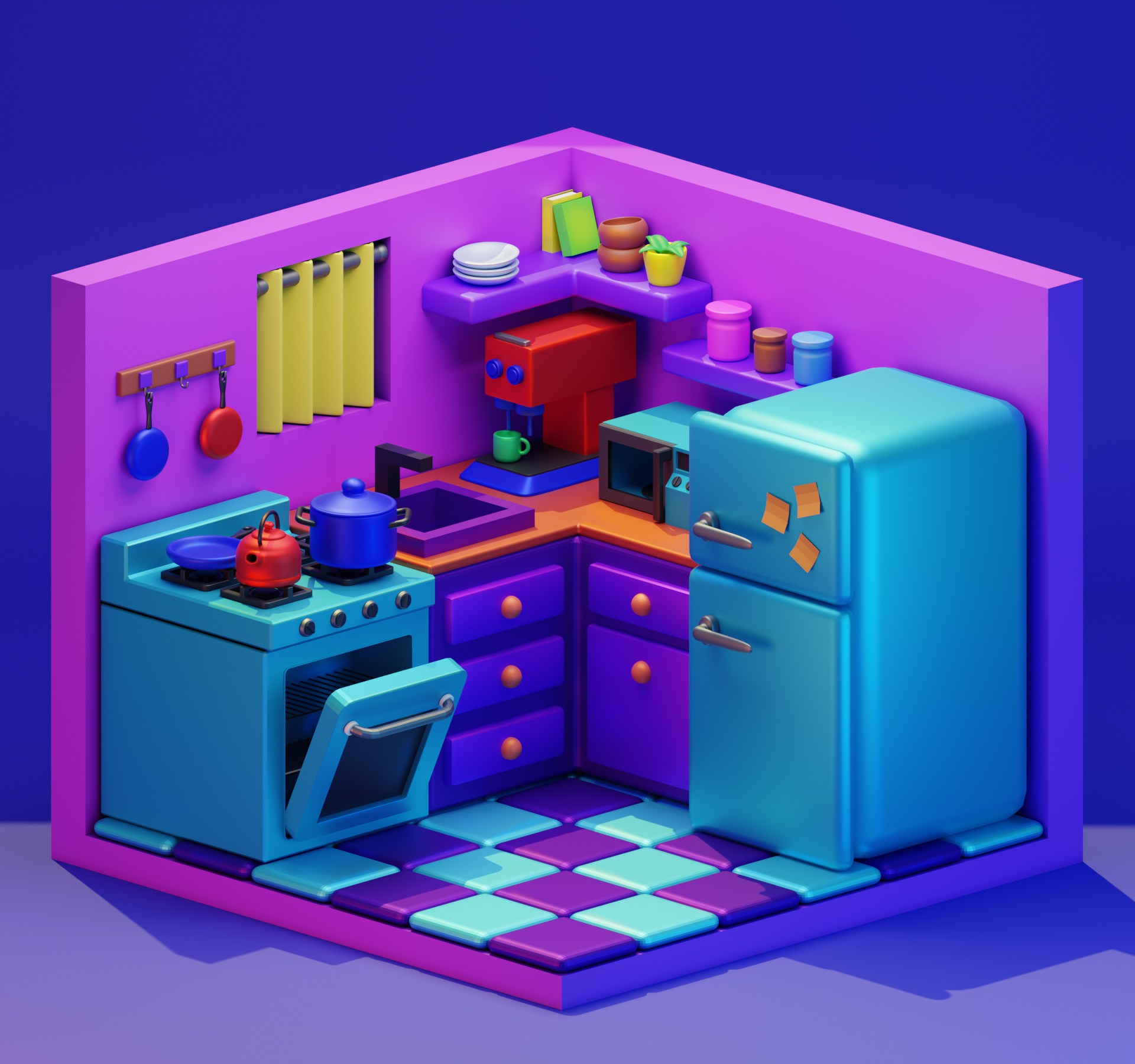 Stylized kitchen environment render for a clean, game-ready scene