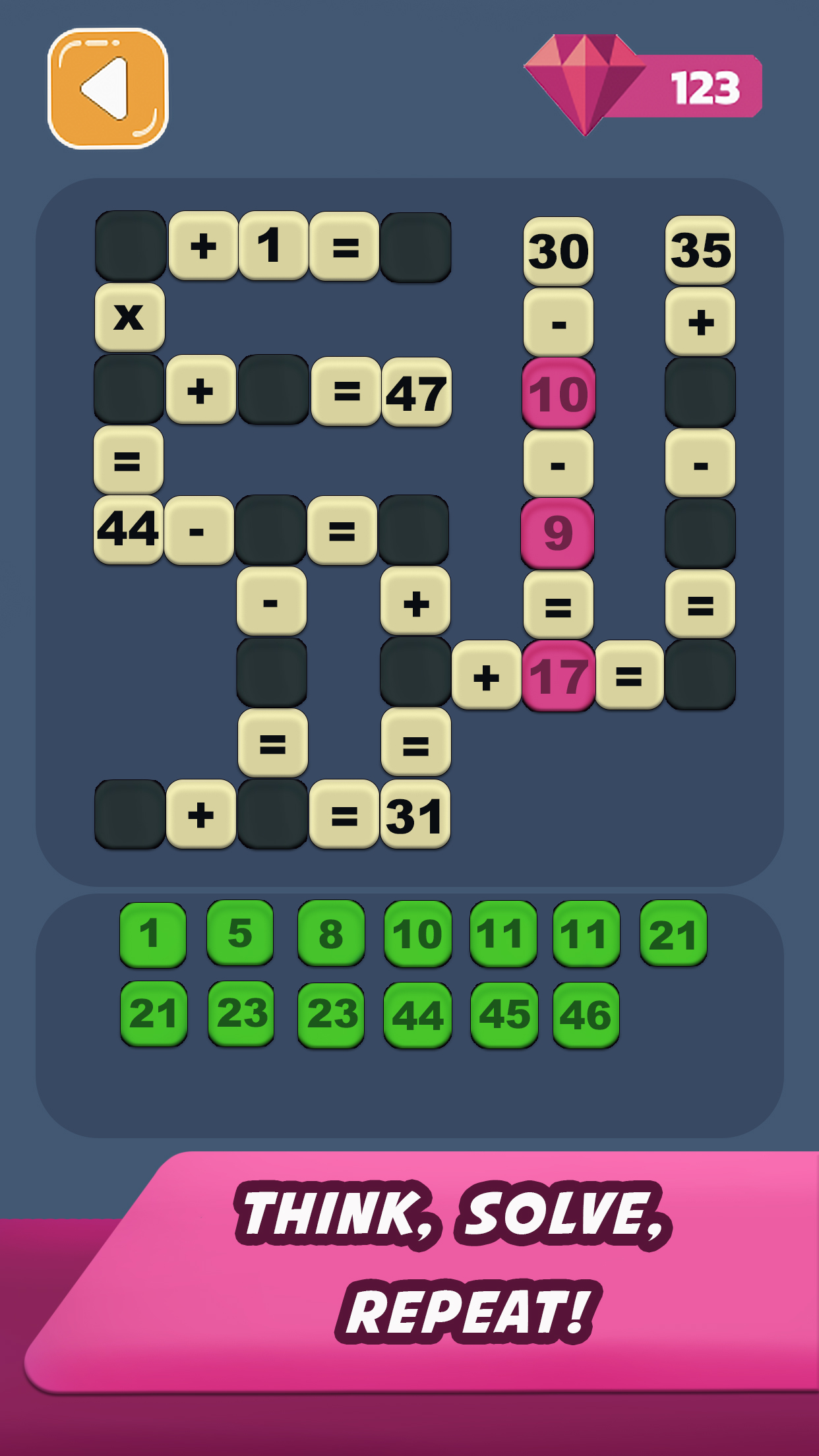 Puzzle gameplay mockup with number-combination feedback, hint and progress indicators, and cohesive UI styling that supports mechanic clarity