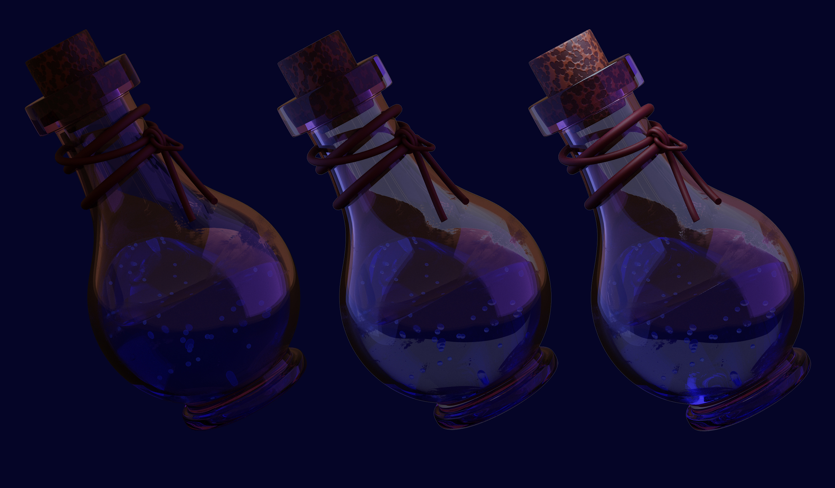 Lighting render of the Arcane Potion Bottle showing studio setup and reflective glass shading