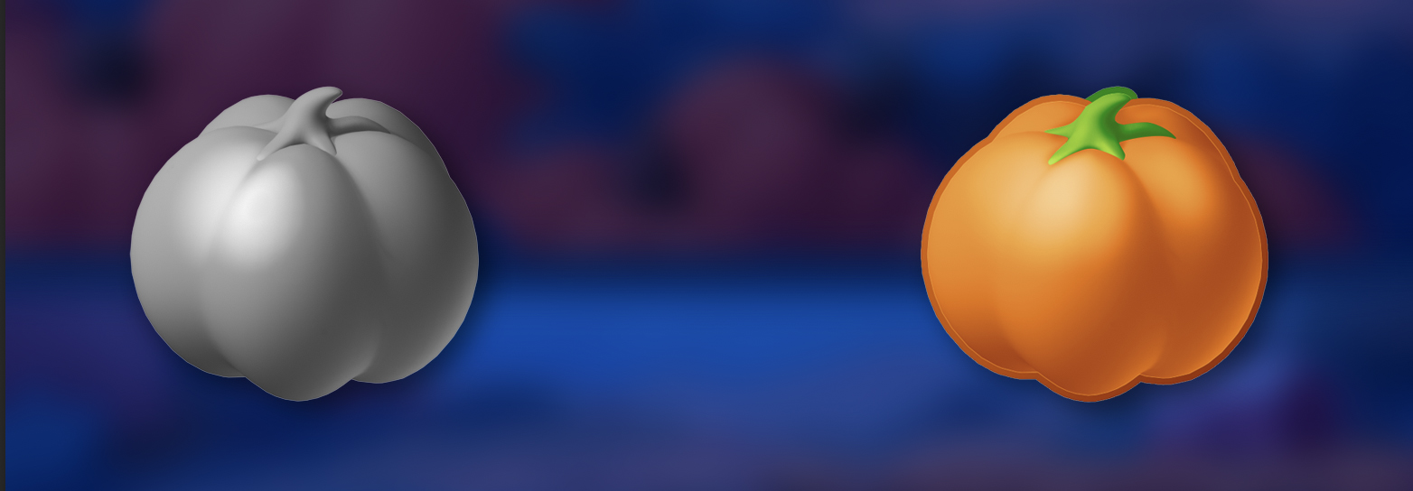 Pumpkin icon art pipeline showing model, paint, and final UI-ready render